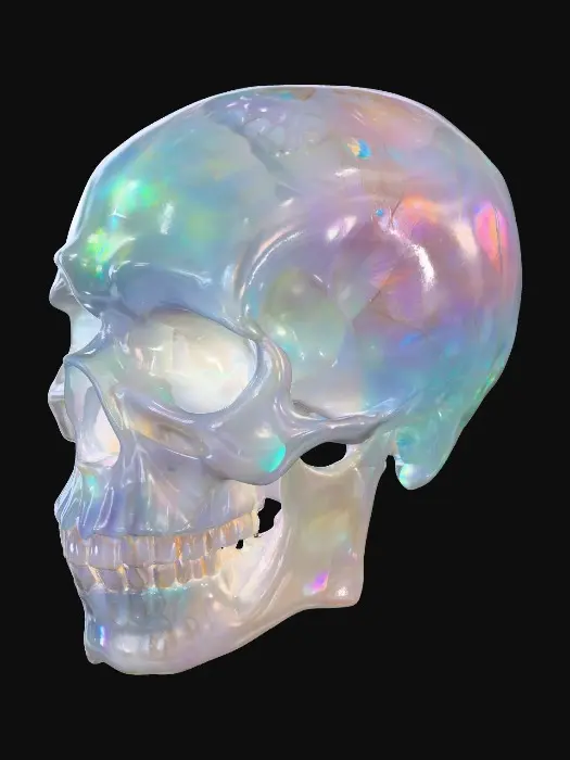 3D model for An opal skull. The exquisite carved gemstone showcases a milky, translucent quality, allowing for an internal glow that emanates a full spectrum of radiant, opalescent hues. Fine, hair-thin internal veins catch and refract light, enhancing the shifting rainbow effect that dances across its pointed ends and along its subtly ridged edges. Blues, reds, yellows, greens, all appear like a real opal in the light.