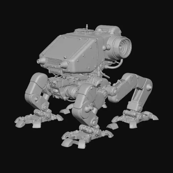 3D model for A battle-worn, heavily armored four-legged combat mech, featuring a blocky, industrial design. Its weathered metal chassis is primarily dull olive green with dark grey components, revealing extensive rust, scratches, and chipped paint textures. Exposed bright red wiring and intricate mechanical parts contrast with glowing blue-green optical sensors. The robust structure includes articulated legs with massive feet and a detailed, grimy surface under soft studio lighting.