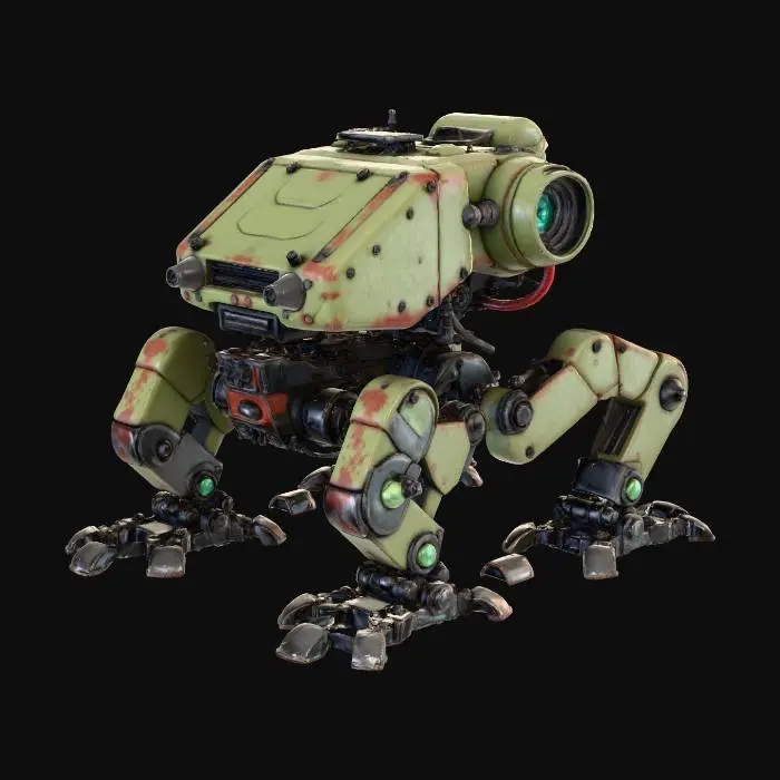 3D model for A battle-worn, heavily armored four-legged combat mech, featuring a blocky, industrial design. Its weathered metal chassis is primarily dull olive green with dark grey components, revealing extensive rust, scratches, and chipped paint textures. Exposed bright red wiring and intricate mechanical parts contrast with glowing blue-green optical sensors. The robust structure includes articulated legs with massive feet and a detailed, grimy surface under soft studio lighting.