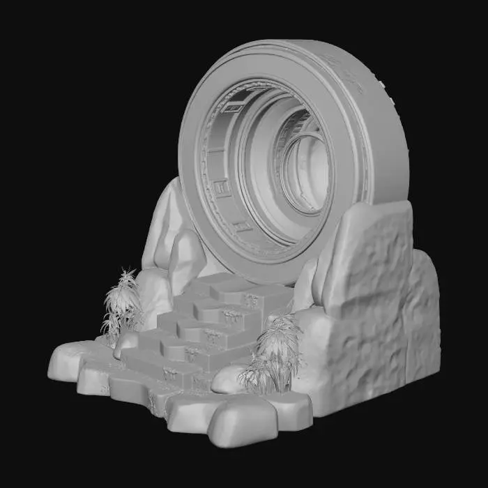 3D model for Heroic front-facing AAA 3D render of an ancient-futuristic quantum portal embedded in a temperate rainforest mossy wet wild transparent glowing mushrooms in a ruin. The design is built around three clear forms only: a massive thick outer torus ring, a recessed inner mechanical ring, and a contained circular blue-white energy aperture. The portal blends sacred ancient architecture with advanced machine precision. Materials are black titanium, gunmetal, and aged bronze with subtle moss, oxidation, and rain streaking. The environment features shallow stone steps, a broken platform, wet stone, dense jungle foliage, humid air, soft mist, and volumetric sunlight shafts through the canopy. Color palette is deep jungle green, warm bronze highlights, and cool blue-white portal energy. Composition i