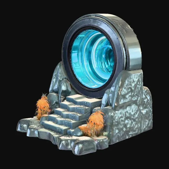 3D model for Heroic front-facing AAA 3D render of an ancient-futuristic quantum portal embedded in a temperate rainforest mossy wet wild transparent glowing mushrooms in a ruin. The design is built around three clear forms only: a massive thick outer torus ring, a recessed inner mechanical ring, and a contained circular blue-white energy aperture. The portal blends sacred ancient architecture with advanced machine precision. Materials are black titanium, gunmetal, and aged bronze with subtle moss, oxidation, and rain streaking. The environment features shallow stone steps, a broken platform, wet stone, dense jungle foliage, humid air, soft mist, and volumetric sunlight shafts through the canopy. Color palette is deep jungle green, warm bronze highlights, and cool blue-white portal energy. Composition i