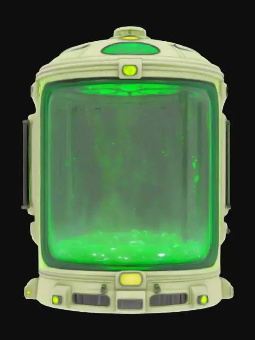 3D model for Object is a specimen containment pod built by aliens. Rounded features, alien technology, clear viewport, filled with bubbling green fluid, highly detailed, cylindrical, many lights and controls. 