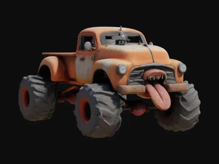 3D model for Ultra Realistic Rustic old Chevy Pickup Truck hybrid monster. HDR, HD Quality, 4K Resolution, Extremely Detailed, CGI Quality, Perfect Model, Blender Quality Detail, teeth, big mouth, long hands with fingers., #game figure#