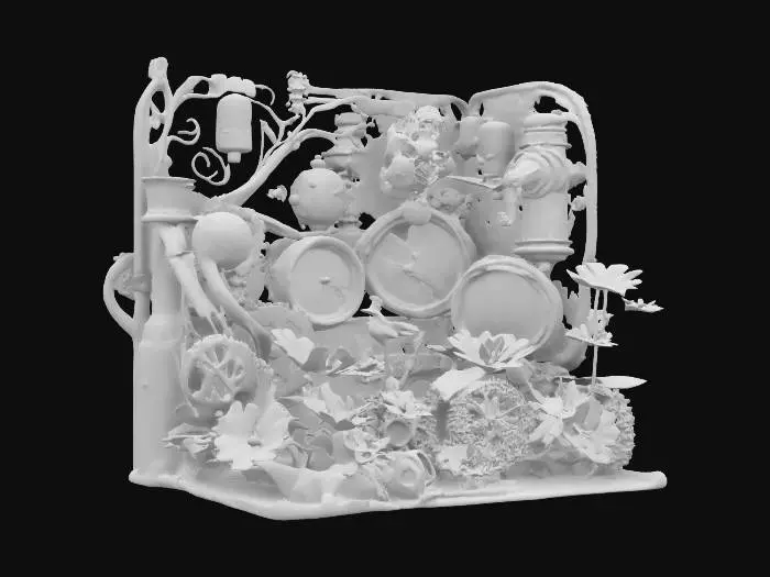 3D model for A mechanical garden where brass vines grow along cogwheels, and flowers open in sync with ticking clocks. Steam vents puff rhythmically, and metal hummingbirds hover near gear-driven blossoms. Warm sepia lighting creates a cozy, antique feel.
#garden#