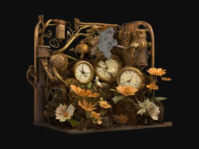 3D model for A mechanical garden where brass vines grow along cogwheels, and flowers open in sync with ticking clocks. Steam vents puff rhythmically, and metal hummingbirds hover near gear-driven blossoms. Warm sepia lighting creates a cozy, antique feel.
#garden#