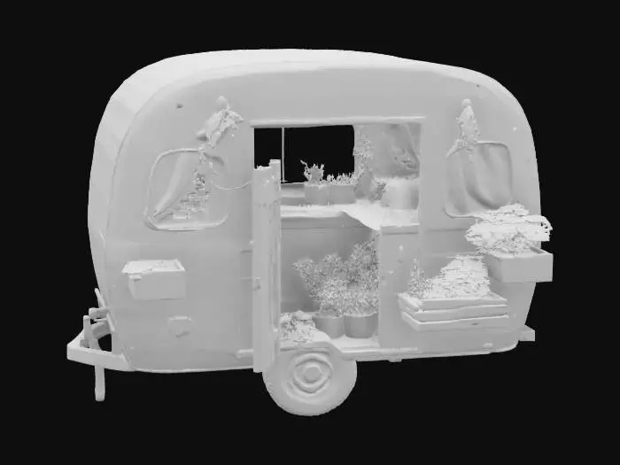 3D model for An old camper trailer stripped of its interior and filled with vertical planters, fairy lights, and hanging herbs. The windows fog from the humidity. Outside, it’s parked in a field of tall grass.
#garden#