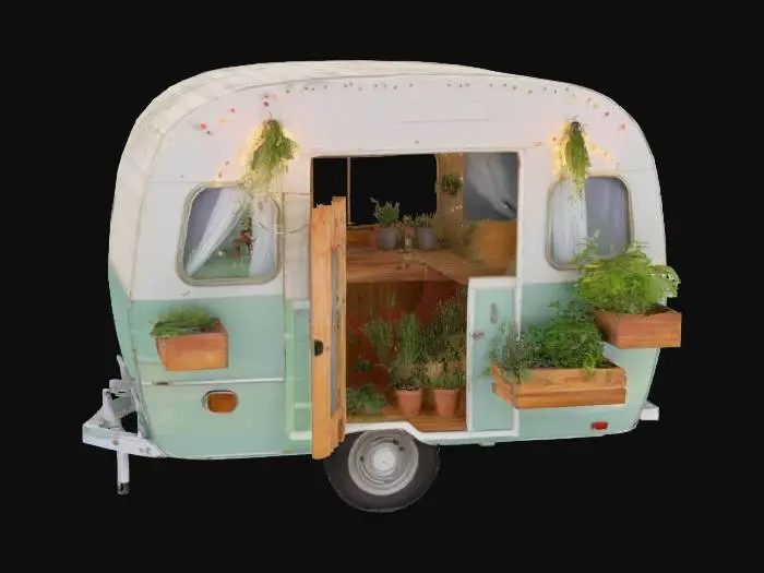 3D model for An old camper trailer stripped of its interior and filled with vertical planters, fairy lights, and hanging herbs. The windows fog from the humidity. Outside, it’s parked in a field of tall grass.
#garden#
