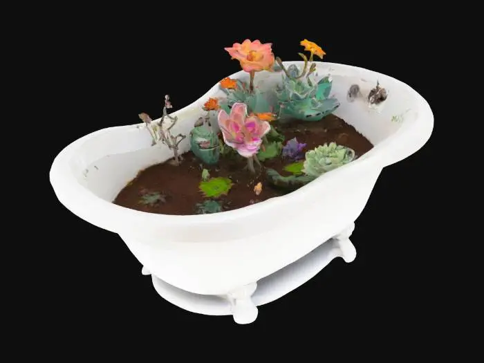 3D model for An overgrown suburban backyard where an old porcelain bathtub is now filled with rich soil, succulents, and blooming flowers. Rusted garden tools hang nearby. A cat naps on the edge.
#garden# 
