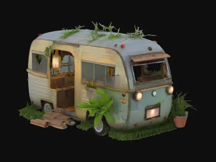 3D model for An old camper trailer stripped of its interior and filled with vertical planters, fairy lights, and hanging herbs. The windows fog from the humidity. Outside, it’s parked in a field of tall grass.
#garden#