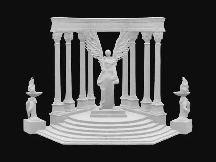 3D model for Гексагональный фасад храма с шестью серафическими пьедесталами, каждый из которых поддерживает полноразмерную ангельскую фигуру из чёрного базальта, держащую пылающий факел, антаблемент увенчан рельефом ангельского хаоса, #arch#