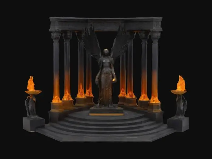 3D model for Гексагональный фасад храма с шестью серафическими пьедесталами, каждый из которых поддерживает полноразмерную ангельскую фигуру из чёрного базальта, держащую пылающий факел, антаблемент увенчан рельефом ангельского хаоса, #arch#