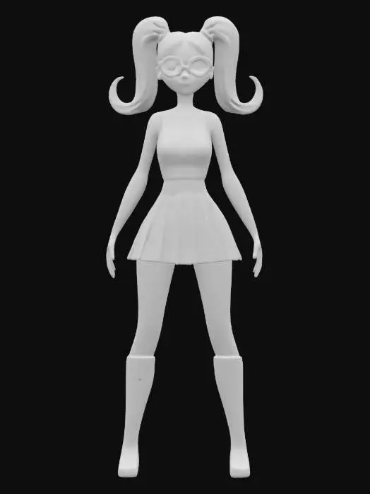 3D model for ultra-realistic, create a young woman, outstanding elegance, 3D, standing, full body, orange twin picktail hair, oversized red glasses, wearing a very short pleedet shoulder free pink dress with a violet pleated skirt and a blue belt, she got modern long black boots, her skin is caramel warm-toned , arms outstretched, a-pose, boots clear apart, digital art,very-high quality, high resolution, ultra-high detailed, well lit., #women#, 
