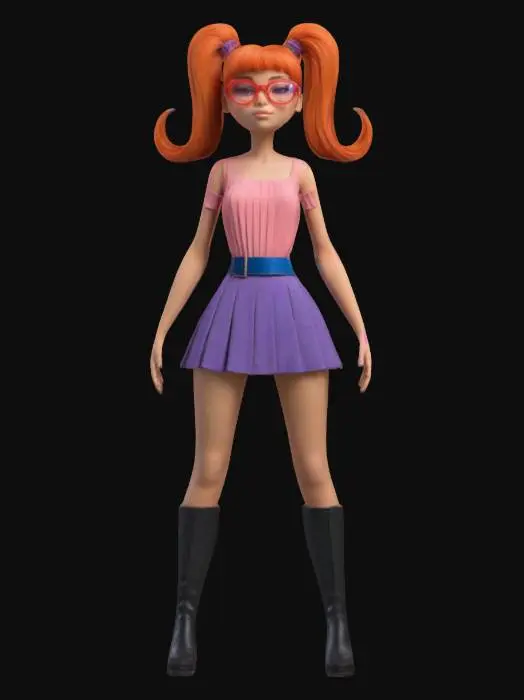 3D model for ultra-realistic, create a young woman, outstanding elegance, 3D, standing, full body, orange twin picktail hair, oversized red glasses, wearing a very short pleedet shoulder free pink dress with a violet pleated skirt and a blue belt, she got modern long black boots, her skin is caramel warm-toned , arms outstretched, a-pose, boots clear apart, digital art,very-high quality, high resolution, ultra-high detailed, well lit., #women#, 
