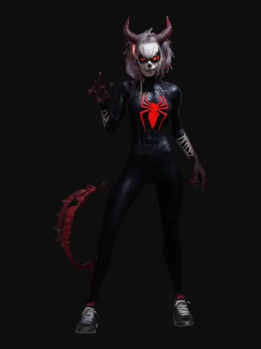 3D model for woman in spider man suit, demon horns, glowing eyes, vampire teeth,  thorn clothes,  punk hair, skeleton tail, dirty sneakers,, #women#