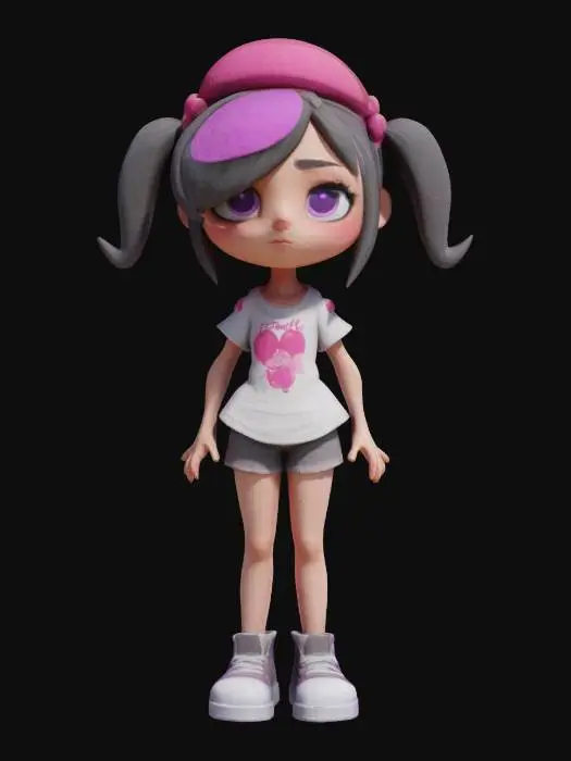 3D model for #game figure#, Game character, 3d, teen girl, perfect body, small breasts, t-shirt, shorts, styled, small hat, cute face, Vanellope von Schweetz