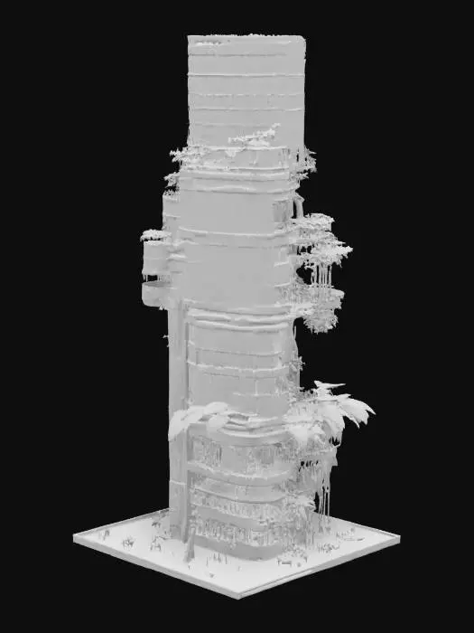 3D model for A towering skyscraper transformed into a vertical ecosystem. Each level has different biomes: a desert garden, a jungle garden, and a frozen zen garden. Neon pipes carry glowing water upward. The city skyline is reflected in the glass walls.
#garden#