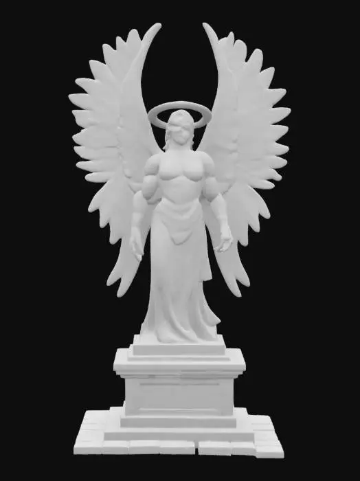 3D model for A monumental aqueduct pier half-transformed into an angelic sentinel, the remaining stone melded with angelus circuitry in glowing azure lines, wings folded as buttresses and halo rings rotating above, #arch#