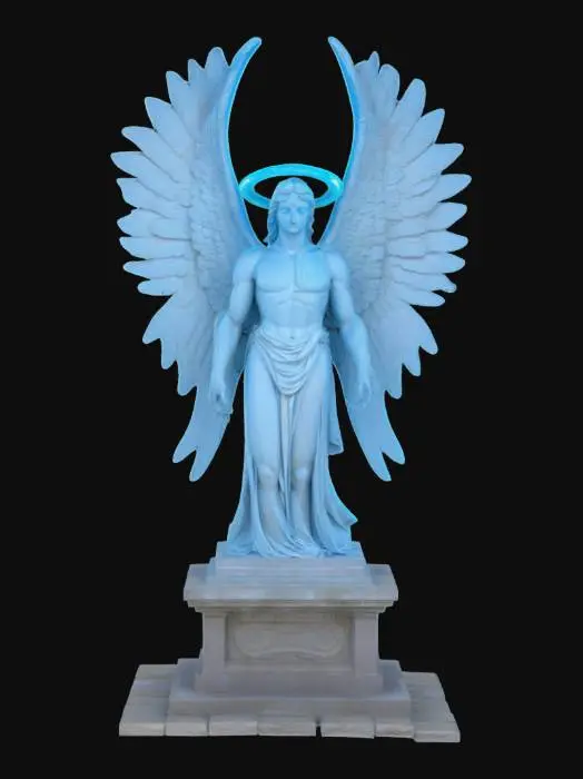 3D model for A monumental aqueduct pier half-transformed into an angelic sentinel, the remaining stone melded with angelus circuitry in glowing azure lines, wings folded as buttresses and halo rings rotating above, #arch#