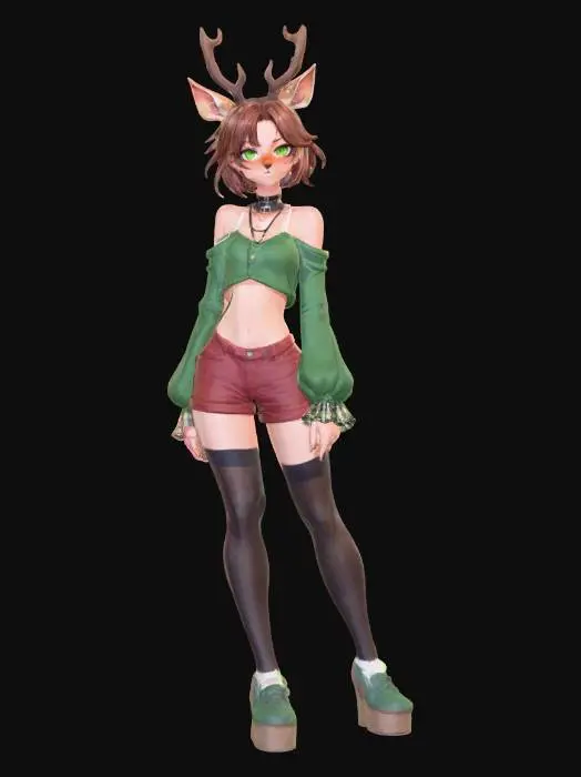 3D model for evil, lotte, deer girl, furry female, bimbo girl, body fur, animal nose, snout, animal ears, green eyes, brown hair, short hair, freckles, chocker, crop top, navel, midriff, long sleeves, off-shoulder shirt, shorts, #villain#