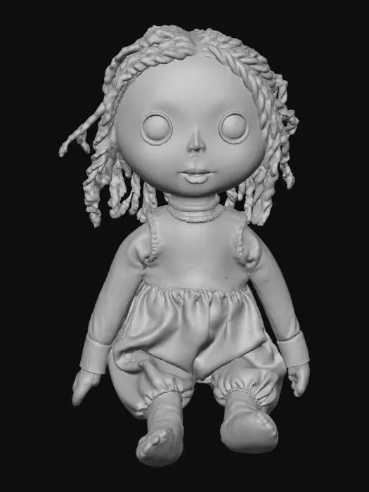 3D model for A ragged, handmade doll stitched from old cloth, its button eyes mismatched—one missing entirely. The thread holding its mouth shut looks freshly sewn, and its body occasionally twitches when placed near supernatural activity