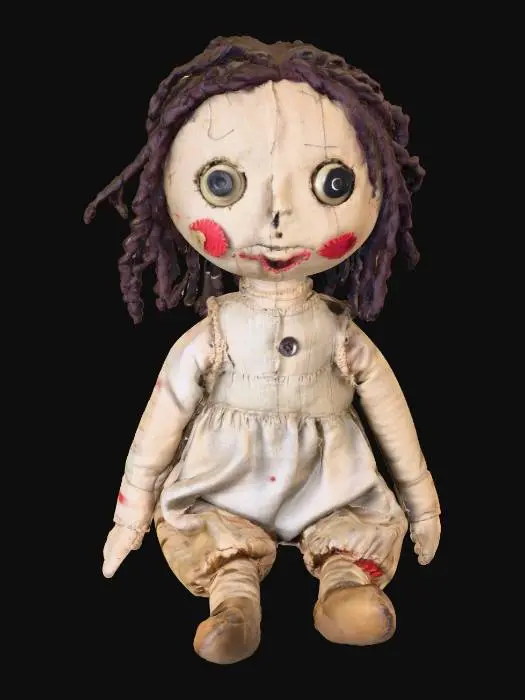 3D model for A ragged, handmade doll stitched from old cloth, its button eyes mismatched—one missing entirely. The thread holding its mouth shut looks freshly sewn, and its body occasionally twitches when placed near supernatural activity