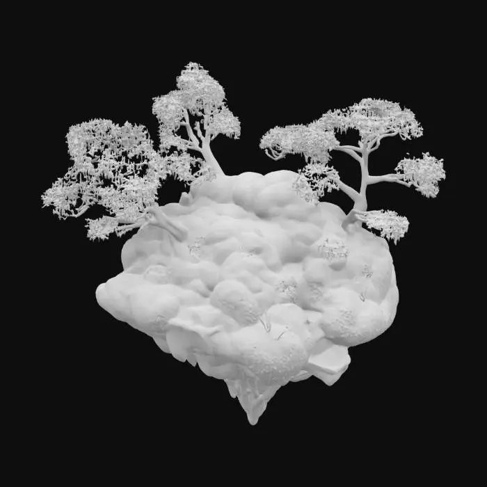 3D model for A surreal floating island covered in soft moss, translucent trees with pink glass leaves, and waterfalls flowing into the sky. Tiny glowing butterflies flutter above the garden. The lighting is golden hour, with long soft shadows and volumetric clouds beneath the island.
 #garden#