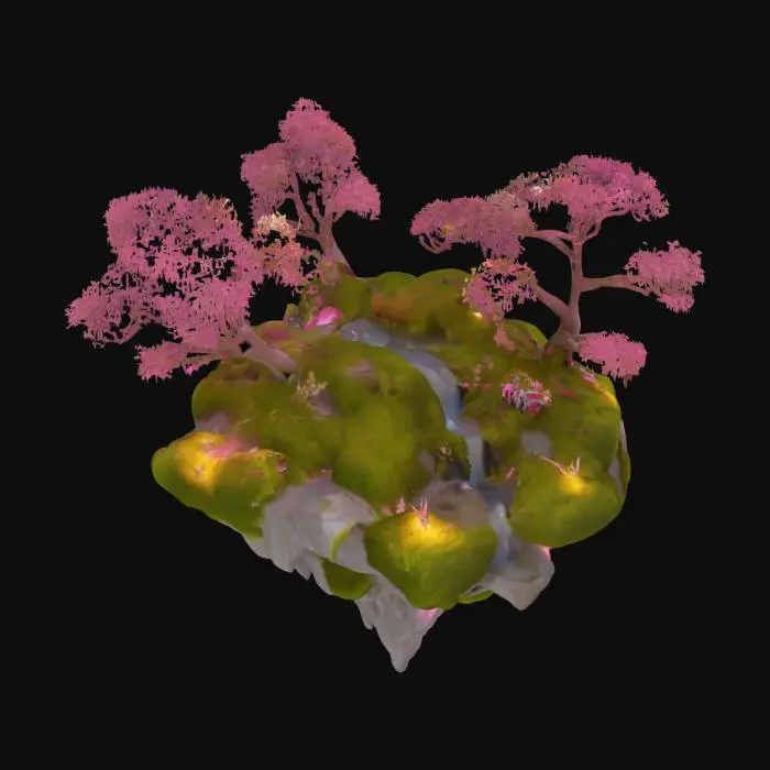 3D model for A surreal floating island covered in soft moss, translucent trees with pink glass leaves, and waterfalls flowing into the sky. Tiny glowing butterflies flutter above the garden. The lighting is golden hour, with long soft shadows and volumetric clouds beneath the island.
 #garden#