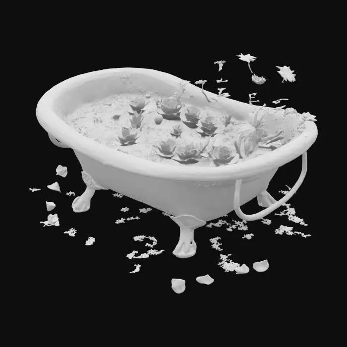 3D model for An overgrown suburban backyard where an old porcelain bathtub is now filled with rich soil, succulents, and blooming flowers. Rusted garden tools hang nearby. A cat naps on the edge.
#garden# 