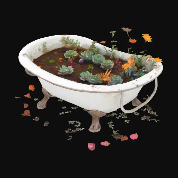 3D model for An overgrown suburban backyard where an old porcelain bathtub is now filled with rich soil, succulents, and blooming flowers. Rusted garden tools hang nearby. A cat naps on the edge.
#garden# 