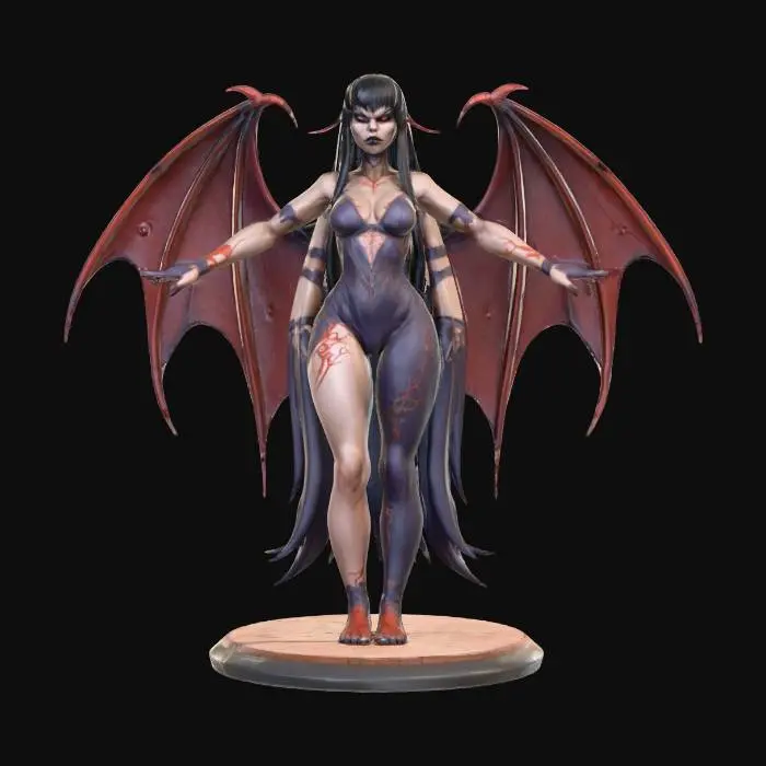 3D model for Stylized, Highly Detailed, female Demon , hunched over in a T-pose, on a round base , #villain#