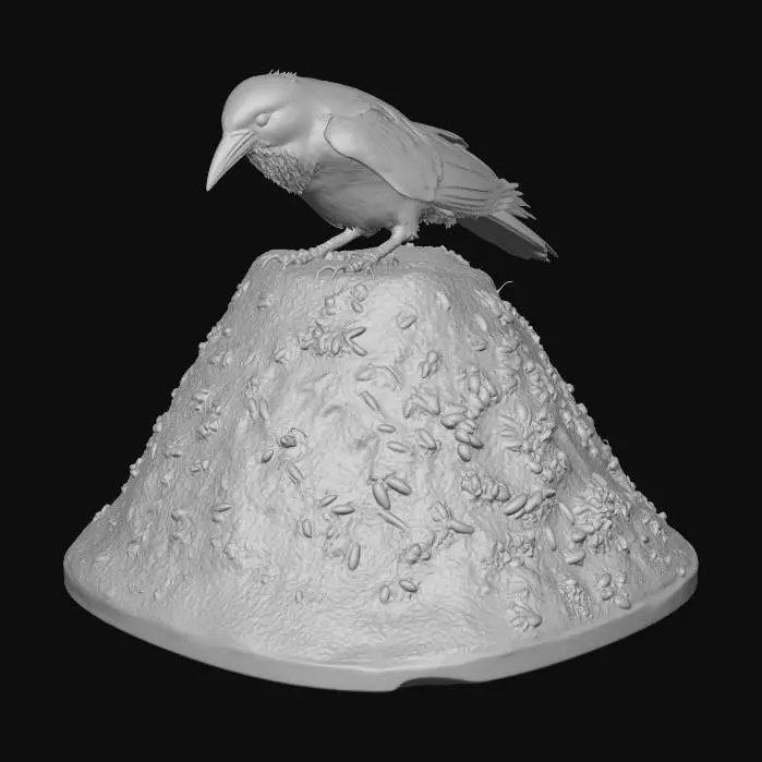 3D model for brauner runder Ameisenhaufen mit einer schwarzen Krähe oben drauf