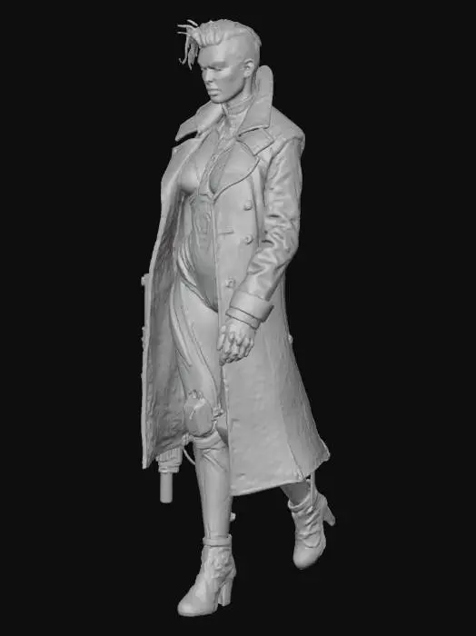 3D model for Cyberpunk mechanical woman character, sleek futuristic armor with glowing blue and pink neon accents, exposed wires and hydraulic parts on arms and legs, cybernetic implants around eyes and temples, high-tech bodysuit, long flowing trench coat. Sharp, angular facial features, short asymmetrical undercut haircut, glowing optical sensors. Dynamic pose, holding a plasma rifle. Standing in a dimly lit, rainy cyberpunk alley. Serious, determined expression. Highly detailed, photorealistic, cinematic render, Unreal Engine 5, Octane Render.