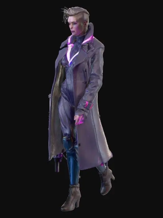 3D model for Cyberpunk mechanical woman character, sleek futuristic armor with glowing blue and pink neon accents, exposed wires and hydraulic parts on arms and legs, cybernetic implants around eyes and temples, high-tech bodysuit, long flowing trench coat. Sharp, angular facial features, short asymmetrical undercut haircut, glowing optical sensors. Dynamic pose, holding a plasma rifle. Standing in a dimly lit, rainy cyberpunk alley. Serious, determined expression. Highly detailed, photorealistic, cinematic render, Unreal Engine 5, Octane Render.