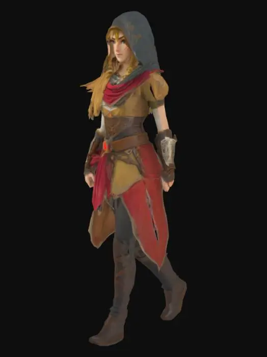 3D model for Beautiful female Zelda wearing Assassin's Creed outfit, The object features an intricate, luminous texture with vibrant swirls and a radiant glow, set against a dark, contrasting background.
