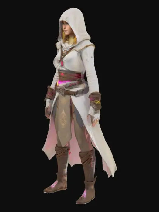 3D model for Beautiful female Zelda wearing Assassin's Creed outfit, The object features an intricate, luminous texture with vibrant swirls and a radiant glow, set against a dark, contrasting background.