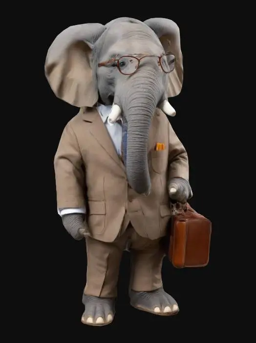 3D model for Elephant wearing a work suite and tie / wears glasses / stands on two legs/ has a brown briefcase 