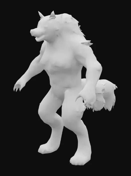 3D model for Can you create a werewolf. I want him to be twilight black with small tints a silver throughout the fur. I want his face to be more wolf then human, but I want him to stand like a human. I want him to stand exactly like a human, on 2 legs standing upright. I want him to have claws that aren't too long but long enough you can see them. his height is to about 6ft tall, his legs are to be between medium and long, whilst the arms are to be between medium and long as well. I want his eyes irises to be glowing red. His Fur is to be long and wavy. and his feet are to be that like a wolf.