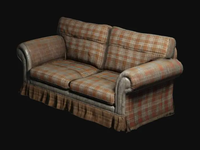 3D model for old worn out plaid fabric sofa, 4K, ultra realistic, hyper detailed