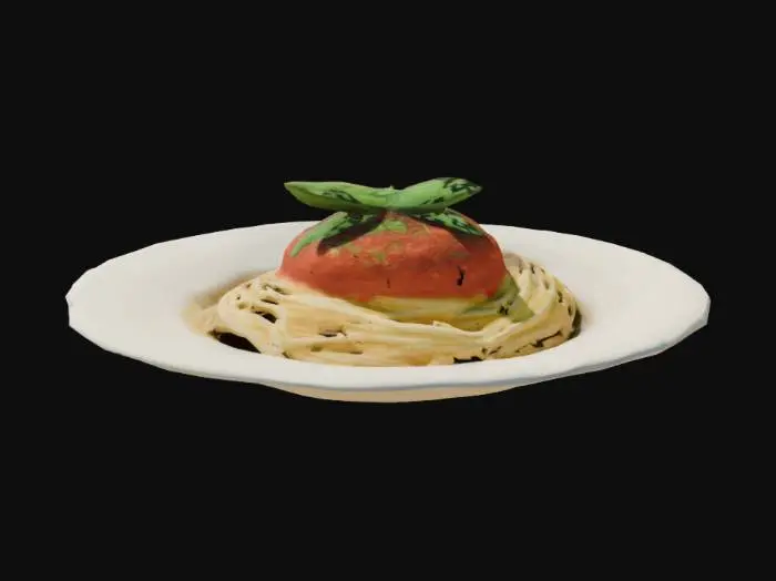 3D model for a plate of spaghetti noodles topped with a delicious marinara sauce, topped with a basil leaf, white plate with an italian design, ultra realistic, hyper detailed