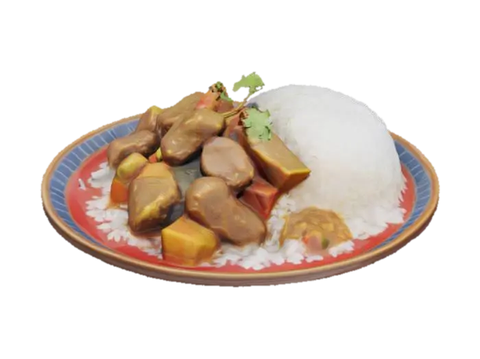 a plate of delicious japanese curry with white rice 3D model, vytvořený pomocí AI
