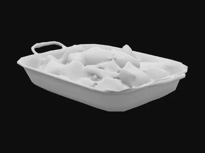 3D model for a tray of delicious chinese orange chicken, the food is in a rectangular metal pan, hyper realistic, ultra detailed, blank background
