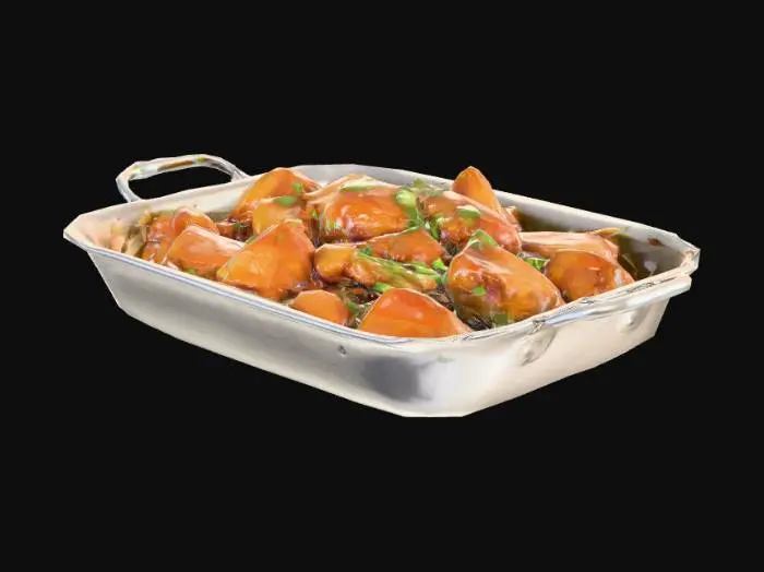3D model for a tray of delicious chinese orange chicken, the food is in a rectangular metal pan, hyper realistic, ultra detailed, blank background
