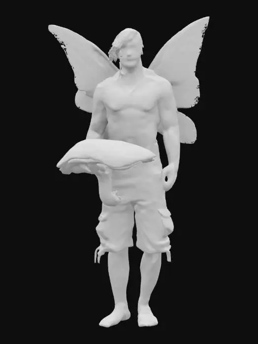 3D model for a shirtless muscular man with fairy wings, long hair, holding a large mushroom, 4K, ultra realistic, hyper detailed,  #fairy#