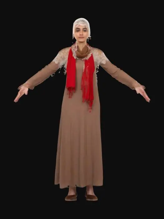 3D model for a somber older woman who is still beautiful wearing a white lace veil over her hair, a red scarf around her neck, her dress is brown and conservative, thick high heeled shoes, standing in an A-pose, her arms are spread
