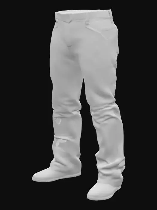 3D model for A pair of men's straight-leg jeans, made from a medium-weight denim with a classic indigo wash. The jeans have a slightly worn, but not ripped, look with subtle fading along the thighs and seat, and some creasing behind the knees. The stitching is a contrasting gold or orange thread. The jeans feature a zipper fly, five pockets (two front, two back, and a small coin pocket), and belt loops. The back pockets have a simple, classic arcuate design stitched in the contrasting thread. The overall style is a timeless, everyday look.