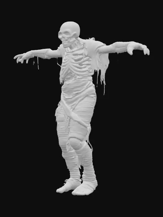 3D model for a mummified corpse, covered in some sort of cocoon, they have a horrific expression on their face, A-pose