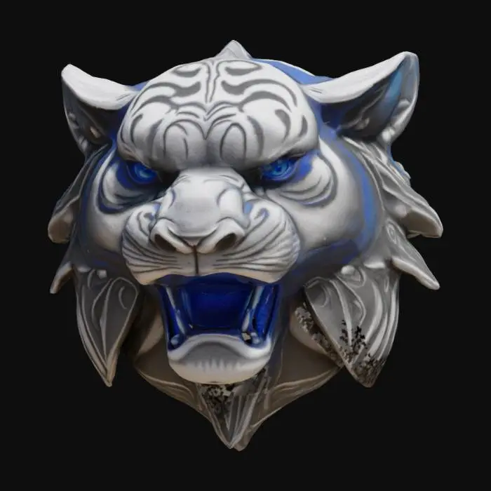3D model for #emblem#, metal tiger emblem, ultra realistic, hyper detailed, a blue tint alloy