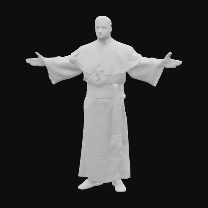 3D model for a somber catholic priest, handsome, standing in an A-pose, his arms are spread, black shoes, full body