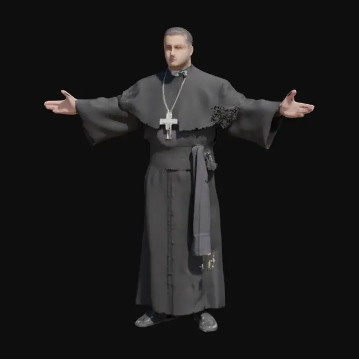 3D model for a somber catholic priest, handsome, standing in an A-pose, his arms are spread, black shoes, full body