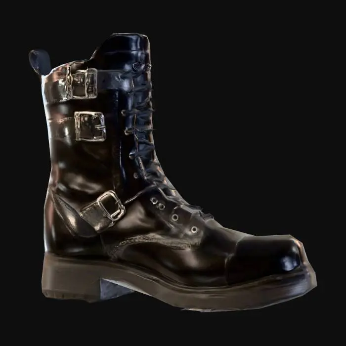 3D model for mens goth boot, black leather with buckles and studs, blank background